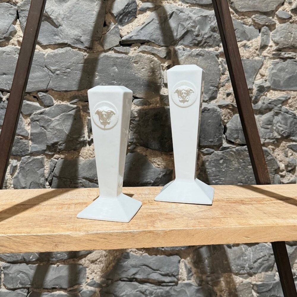 Versace Meets Rosenthal Set of 2 Gorgona Porcelain White Candle Holders